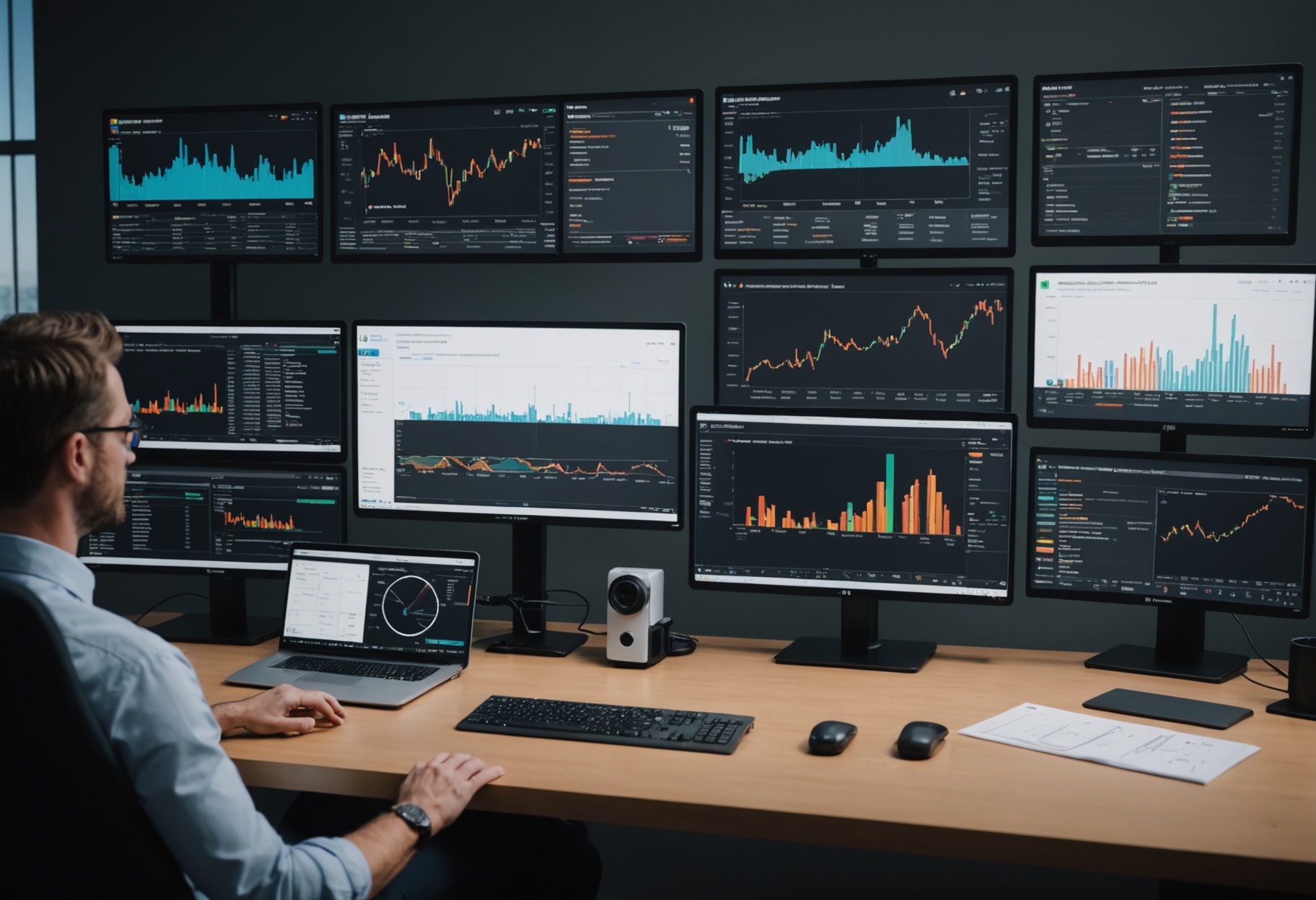data scientist reviewing anomaly detection results on multiple financial dashboa